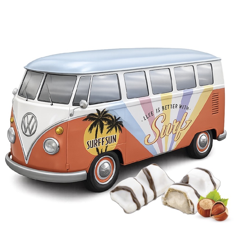 Furgoneta "COMBI SURF" Envasada Con Barritas De Crema De Avellana con Cobertura Blanca